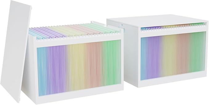 Bamboo Hanging File Organizer, Desktop File Box with Lids, 2 Pack, White | Removable Lid, Clear Acrylic Side Panels, 4 Hanging Folders Included, Helps Reduce Dust, Letter & Legal Size, Easy Assembly