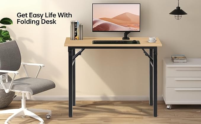 Panana Small Foldable Computer Desk, 31.5 inch Folding Home Office Desk for Small Spaces, Modern Simple Style for Home, Office, Study, Writing, No Assembly Required (Natural Wood, 31.5" x 15.7")