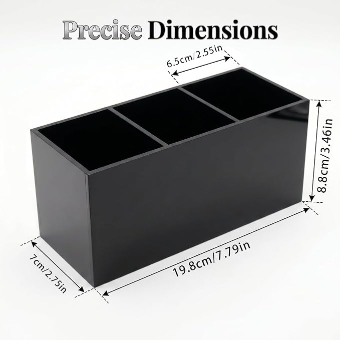 Black Acrylic Pen Holder for Desk, 3 Compartment Desktop Organizer & Pencil Cup, Makeup Brush Holder for Countertop, Multi-functional Pen Pencil Brushes Holders Caddy (Glossy Black)