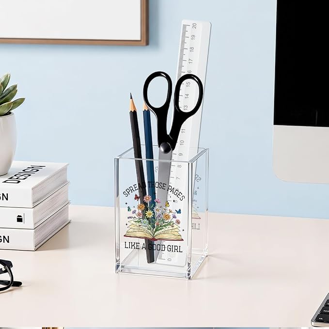 Spread Those Pages Like A Good Girl Acrylic Cosmetic Pencil Pen Holder, Funny Floral Pencil Holder for Desk, Bookish Gifts for Book Lover Librarian Teacher Reader, Reading Nook Accessories