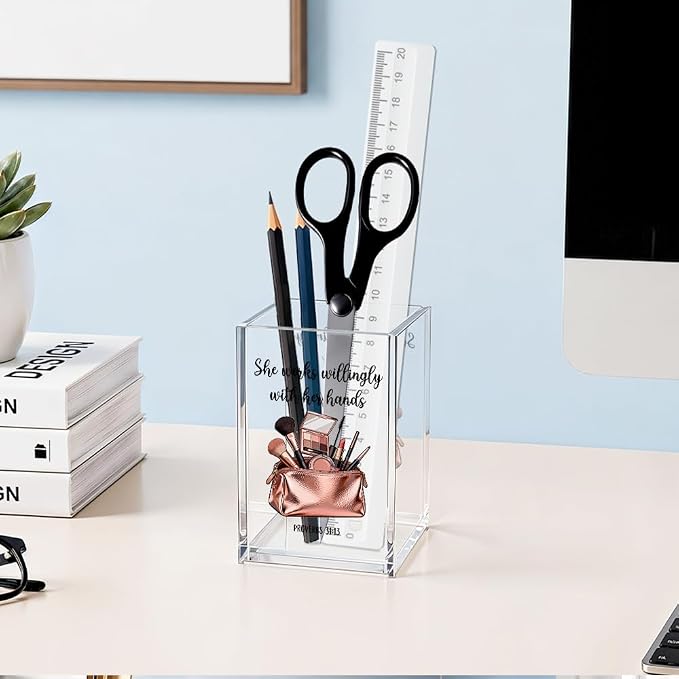 She Works Willingly With Her Hands Acrylic Cosmetic Pencil Pen Holder, Proverbs 31:13 Bible Verse Desk Accessories, Make Up Brush Organizer for Sister Friend, Religious Gifts for Makeup Lover