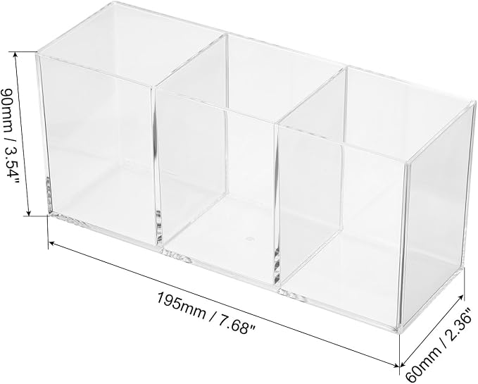 PATIKIL 3 Compartments Clear Acrylic Pen Holder, Pencil Holder Pen Organizer Pencil Cup Makeup Brush Holder Square for Countertop Desk, Transparent