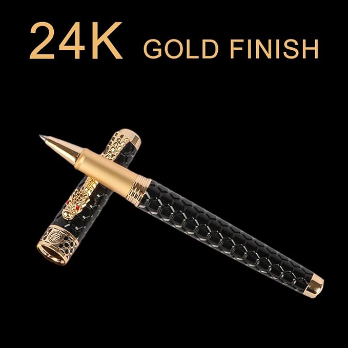 Stunning Luxury Rollerball Pen with 24K Gold Trim,Switzerland Tip with Black Ink Refills, Perfect Roller Ponit Pen Gift Set for Men Women, Fancy Writing Set for Business,Black
