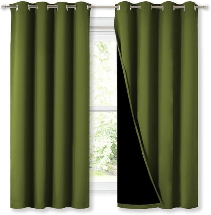 NICETOWN 100% Blackout Blinds, Set of 2, 46" x 45", Olive Green, Laundry Room Decor Window Treatment Curtains for Large Patio Sliding Door, Thermal Insulated Curtains for Bedroom