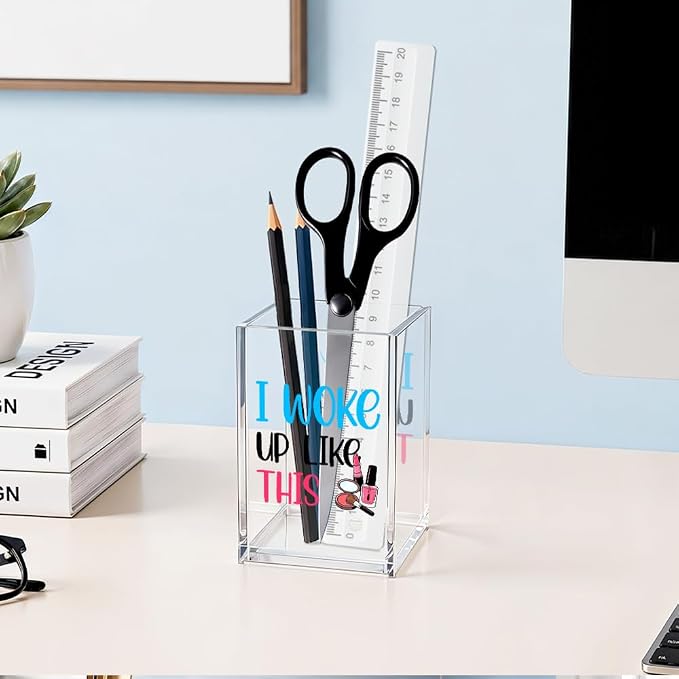 I Woke Up Like This Acrylic Cosmetic Pencil Pen Holder, Funny Vanity Accessories for Girls, Makeup Brushes Holder for Women Friend Sister, Desk Accessories Vanity Container for Makeup Lover