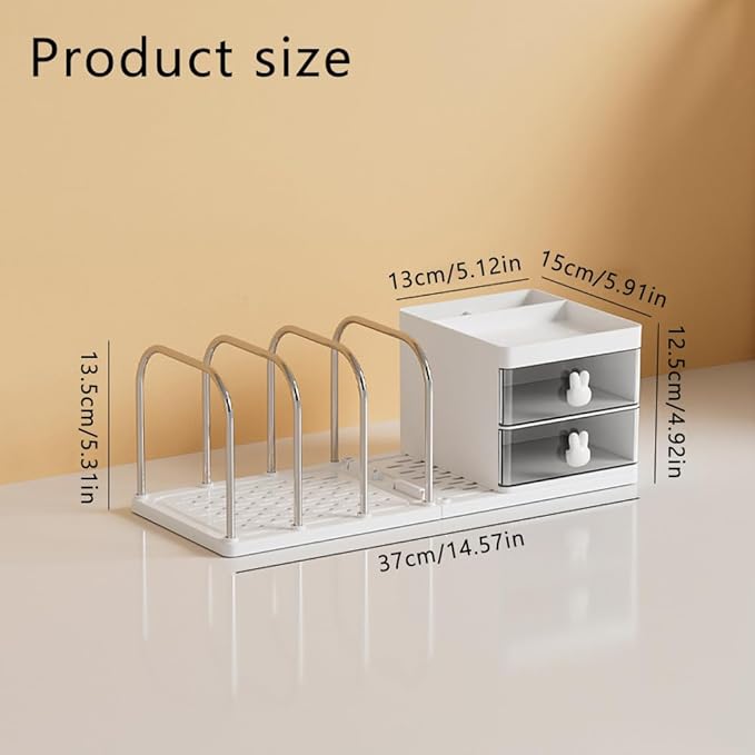 Desk Organizer with Bookends, Desktop Storage Box with 2 Drawers (White) | Multi-Functional Desk Accessories Organizer with 3 Top Compartments and 4 Bookends for Home Office School Supplies