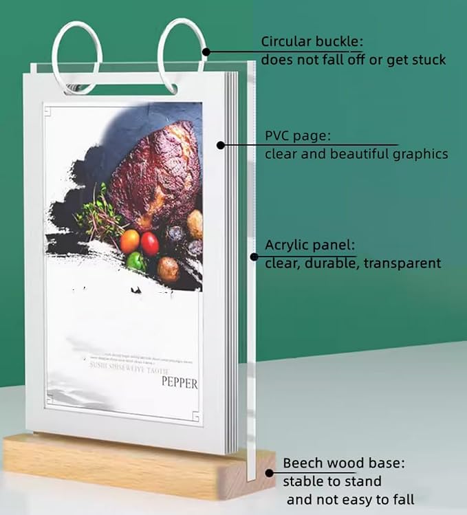 Clear Acrylic Sign Holder,Frames Desktop Double Display Holder Wood T Type Menu Holders Flip Display 6 Pages-12 Sides Picture Paper Card Store Office Menu Retail Show Fair -Vertical (4x6 inch)