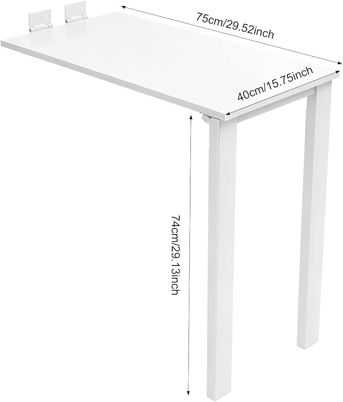 Wall Mounted Folding Table 29.5x15.7 inch, Drop-Leaf Dining Table for Small Spaces, E0-Grade Solid Wood Murphy Table with 132lbs Capacity, Space-Saving Desk for Kitchen Office (White)