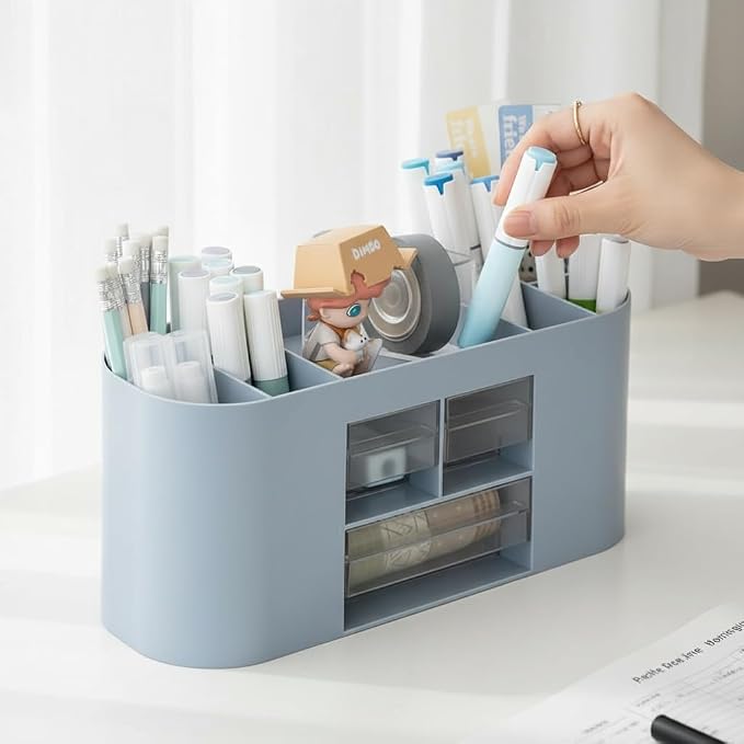 School Supplies Organizer with Drawers, Pen Holder, Blue | Student desk organizer with removable dividers and clear drawers for pens, markers, art tools and school supplies.