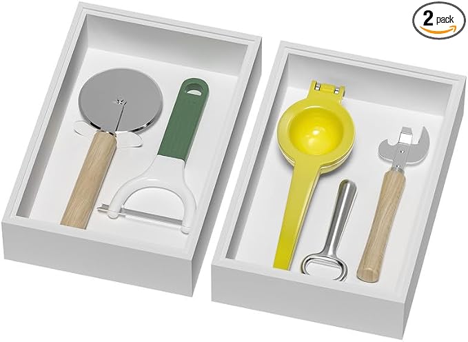 Lixple Bamboo Drawer Organizer, Cutlery Silverware Organizer for Kitchen Drawer, Stackable Utensil Organizer, 2 Pcs Flatware Organizer, Wooden Storage Box Tray (White, 9 X 6 X 2 Inch)