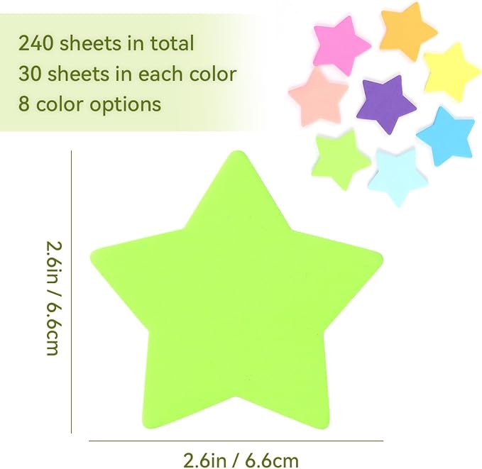 Yuntop 8 Color Star Shape Sticky Notes, 240 Sheets, Self-Sticky Note Pads for School Office Home