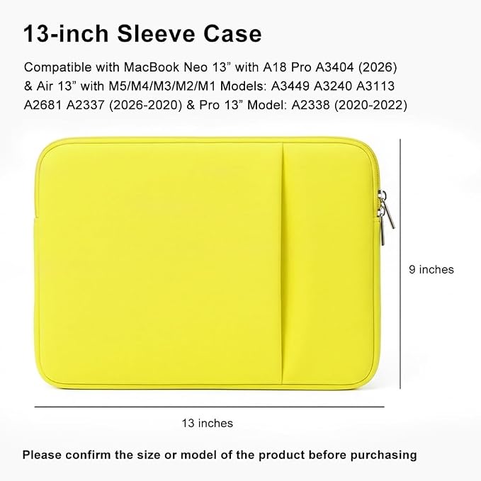 Laptop Sleeve for MacBook Neo/Air/Pro 13 inches A18/M5/M4/M3/M2/M1 Chip 2026-2020 A3404 A3449 A3240 A3113 A2681 with 2 Pockets Tablet Bag Case Accessories (Yellow)
