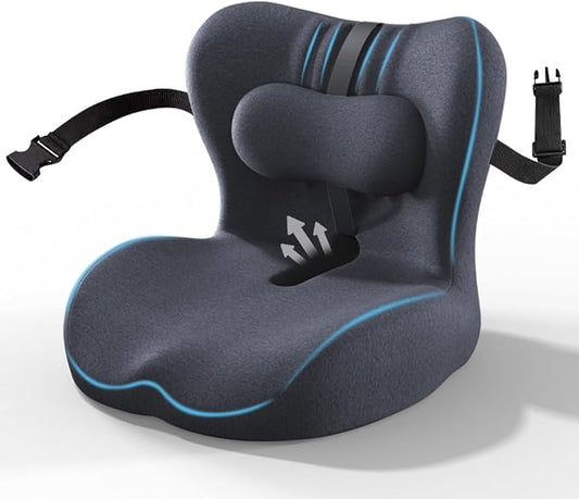 Adjustable Seat Cushion & Lumbar Support Pillow Set for Office Chair, Ergonomic Pillow for Sciatica Pain Relief, Memory Foam Back Support Pillow & Chair Cushion for Car seat, Desk Chair (black)