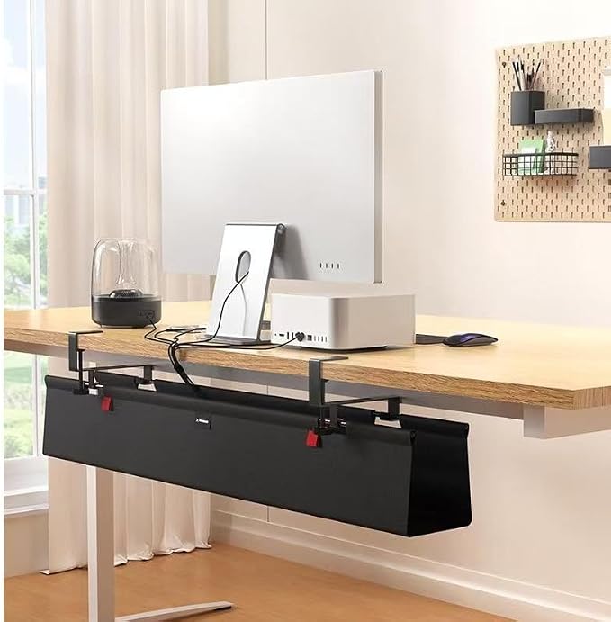 No Drill Under Desk Cable Management Tray, 90cm Cord Organizer for Table, Clamp/Screw Mount Desk Cable Management