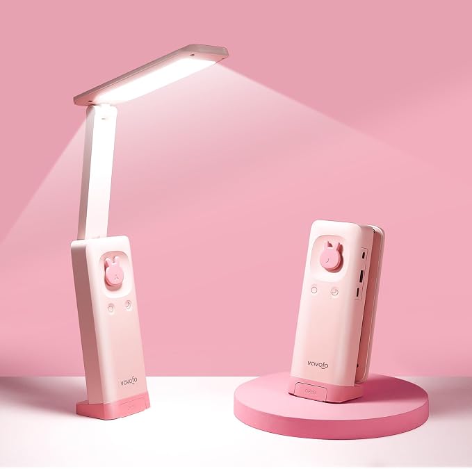 VAVOFO Cute Bunny Desk Lamp, Foldable LED Rechargeable Table Light, Eye-Caring Reading Lamp, 3 Color Modes & Dimmable, for Kids Girls Bedroom Study Dorm Room(Pink)