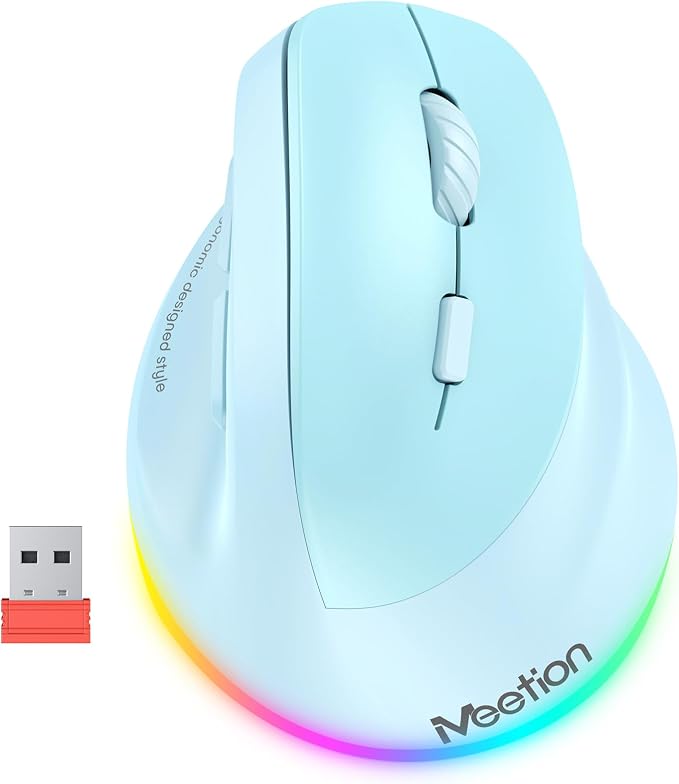 MEETION Ergonomic Mouse, Wireless Vertical Mouse RGB Backlit Rechargeable Mice for Bluetooth(5.2 + 3.0) & USB, 4 Adjustable DPI Mac/Windows/Andriod/PC/Tablet/iPad Blue