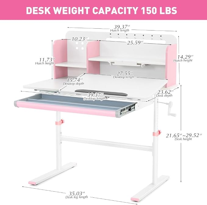 39in Wide Adjustable Height Kids Desk with Tilting Desktop, Bookshelf Hutch | Height-adjustable study desk with steel frame, drawer and bookshelf hutch for reading, writing and drawing, Ages 3-12