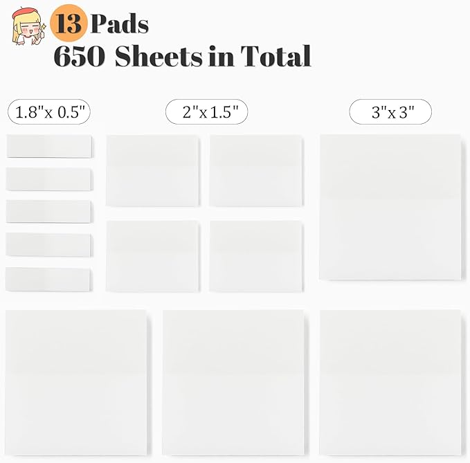 [650 Sheets] Transparent Sticky Notes, 3 Sizes Clear Sticky Notes Pads, Waterproof Self-Adhesive Translucent See Through Sticky Notes for Annotating Books,School & Office