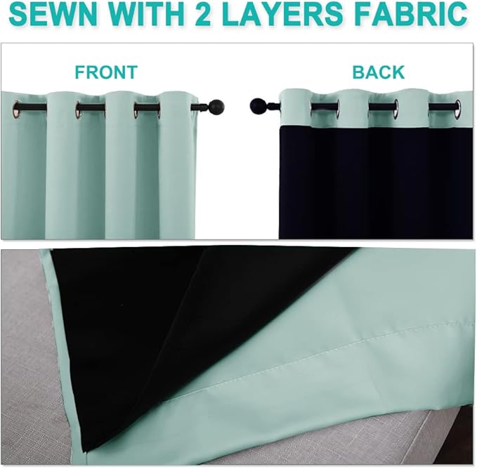 NICETOWN Aqua Blue 100% Blackout Lined Curtains, 2 Thick Layers Completely Blackout Window Treatment Thermal Insulated Drapes for Kitchen/Bedroom (1 Pair, 62" Width x 63" Length Each Panel)