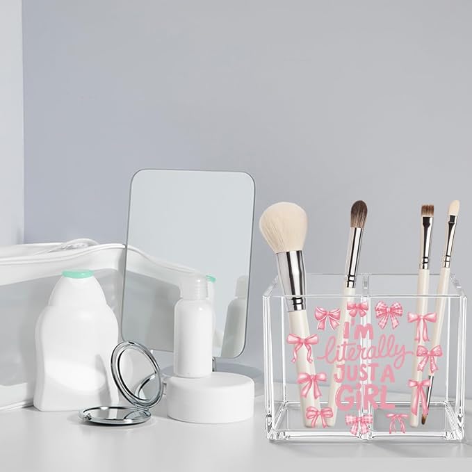 Pink Bow Girly Acrylic Cosmetic Pencil Pen Holder Cup Cute Gifts for Girl I'm Literally Just a Girl Preppy Decor for Home Office Desk Vanity Organizers and Accessories