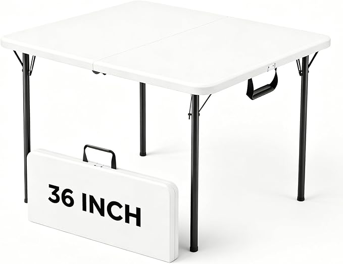 36" Square Folding Table, Portable Card Table with Built-in Handle, Heavy Duty Foldable Table No Assembly, for Camping, Picnic, BBQ, Party, Indoor Outdoor Use, White