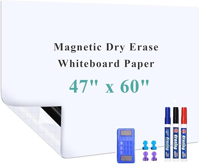 Large Vertical Whiteboard Sticker: 47" x 60" Magnet Receptive Dry Erase Wall Decal | No Ghosting Idea Canvas for Designers & Creatives | Peel & Stick Poster Board