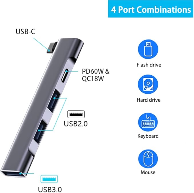 USB C Hub for Laptop, Portable USB C Splitter Multiport Adapter with Type-C Charging Port and USB 3.0 Port for MacBook Pro/Air, Surface Pro, Keyboard, Flash Drive