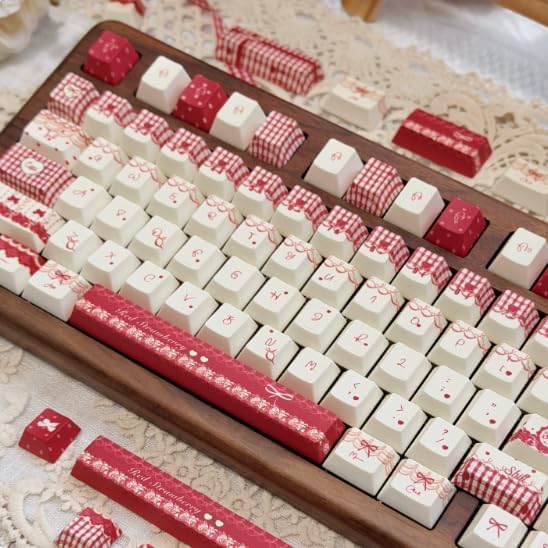 Raspberry Mousse Theme Keycaps 140 Keys, PBT Keycap Cherry Profile, Dye-Sub Cute Red Key Caps Set 60% 75% 96% 100%, Custom Keyboard Keycaps MX Switch Mechanical Keyboard (Only Keycap)