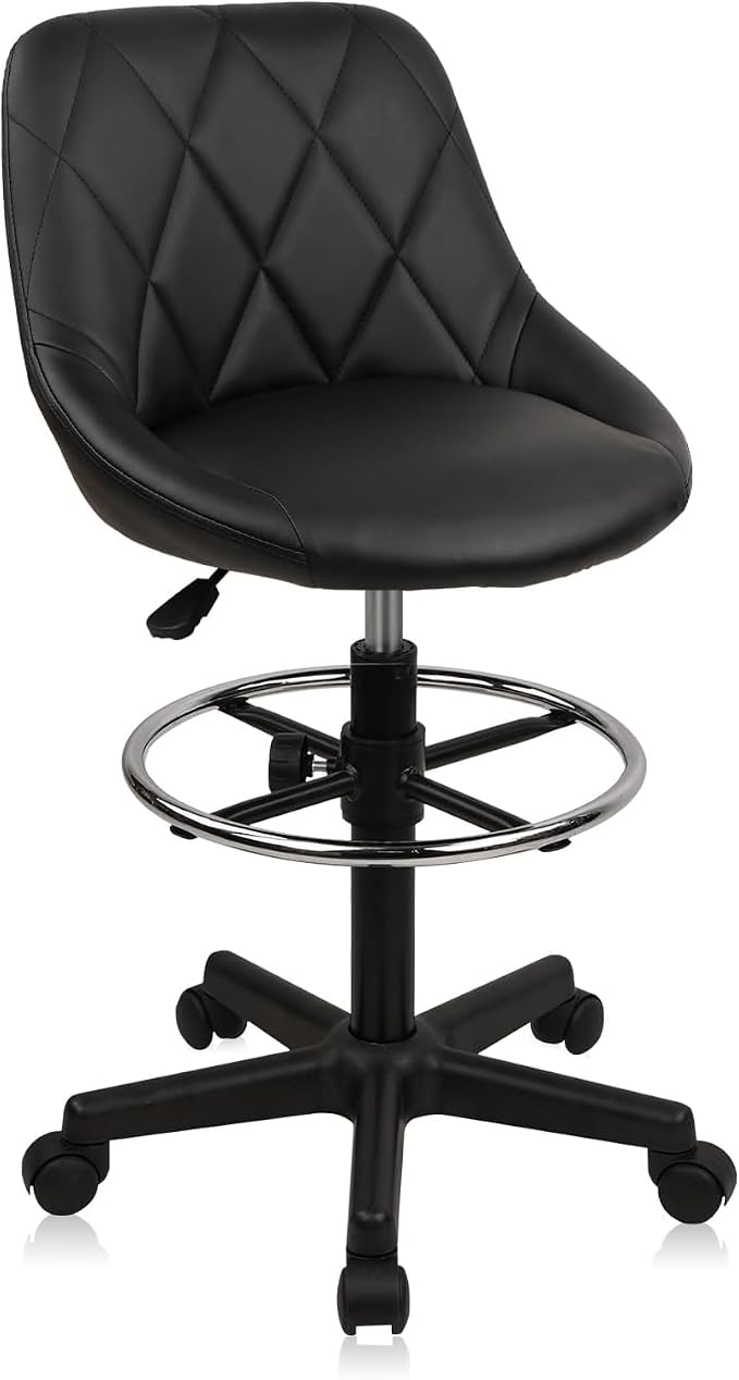 KLASIKA Drafting Chair with Backrest, Faux Leather Height Adjustable Rolling Swivel Stool with Foot Ring, Ergonomic Tall Standing Desk Office Chair with Wheels for Workshop Kitchen Bar Counter