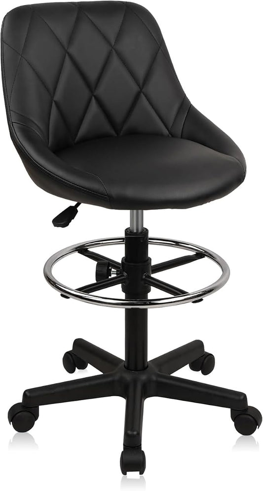 KLASIKA Drafting Chair with Backrest, Faux Leather Height Adjustable Rolling Swivel Stool with Foot Ring, Ergonomic Tall Standing Desk Office Chair with Wheels for Workshop Kitchen Bar Counter