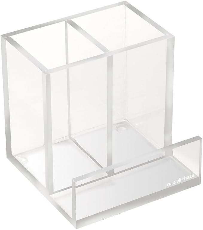 russell+hazel Acrylic Pencil Bloc | Stands pens & pencils upright with a built-in business card slot. Stackable clear acrylic that modernizes any desk.