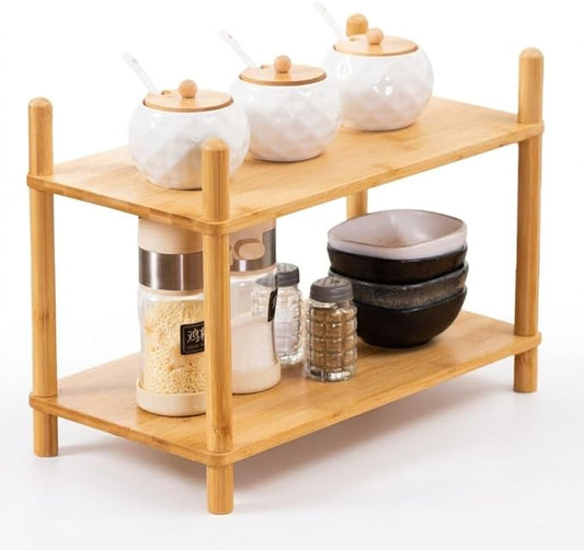 2-Tier Expandable Bamboo Desktop Organizer Shelf Kitchen Cabinet and Counter Riser Display Shelf for Top of Desk Home Office Bathroom Coffee Table Display Stand