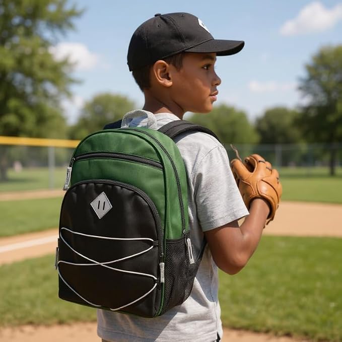 Trail maker Kids Backpacks with School Supplies for Boys, Girls | 30 Piece Back to School Supplies Set with 17" Bungee Backpack (Green & Black)