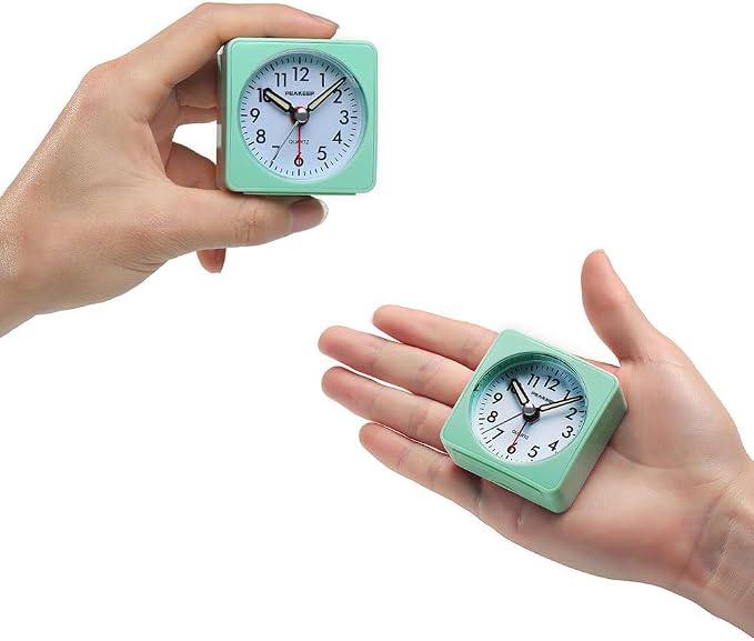 Peakeep Ultra Small, Battery Travel Alarm Clock with Snooze and Light | Silent No Ticking Analog Quartz Clock (Aquamarine)