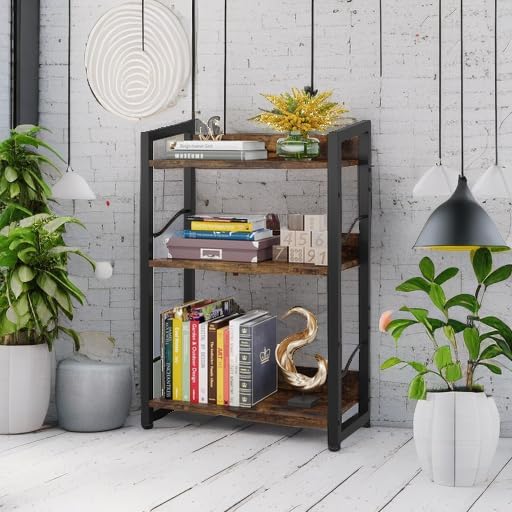 Hosfais 3-Tier Small Bookshelf Bookcase with Edge Protection | Wood Book Shelf Industrial Bookshelf Metal Narrow Bookcase Storage Organizer Display Rack for Bedroom Home Office (Brown)