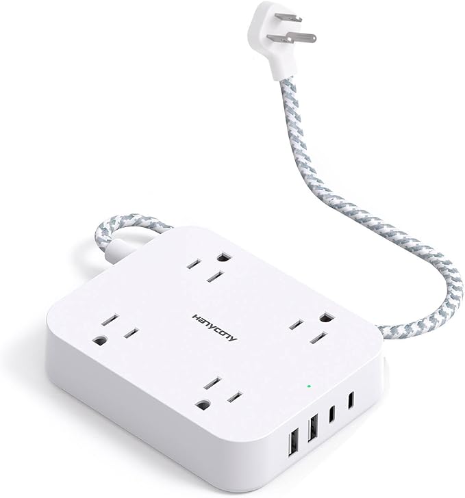 1 Ft Flat Plug Extension Cord, HANYCONY Power Strip with 4 USB Ports(2 USB C), 4 Widely Outlets Extender, Wall Mount, Desk Charging Station for Office, Travel and Cruise Ship Essentials