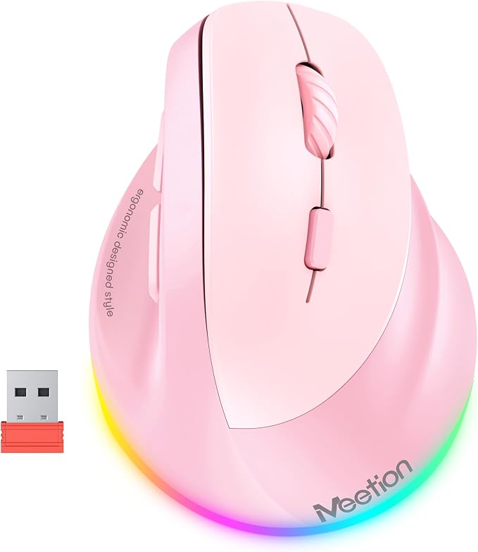 MEETION Ergonomic Mouse, Wireless Vertical Mouse RGB Backlit Rechargeable Mice for Bluetooth(5.2 + 3.0) USB, 4 Adjustable DPI Compatible Mac/Windows/Andriod/PC/Tablet/iPad Pink