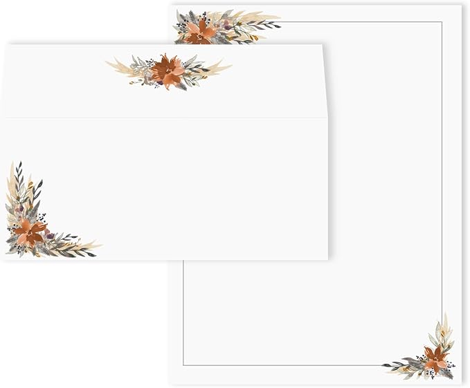 Indie Autumn Floral Letterhead With Envelopes / 40 Decorative Boho Fall Botanical Sheets With Matching Envelopes / 8.5" x 11" Rustic Watercolor Feathers Foliage Paper/All Occasion Design