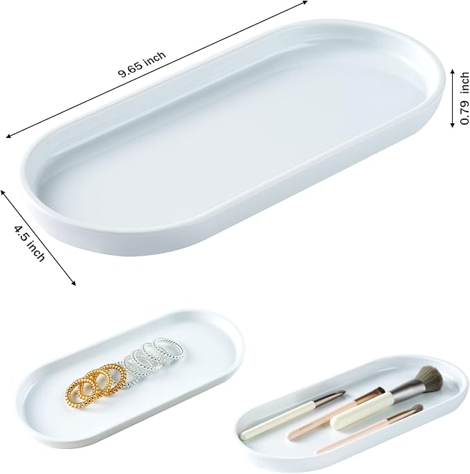 SheeChung Acrylic Vanity Tray, Bathroom Makeup Organizer Countertop, White | 9.65" x 4.5", Perfume Jewelry Candle Dispenser Catchall Tray, Sturdy Holder for Cabinet Shelf Closet Drawer Organizer, 2 Pack