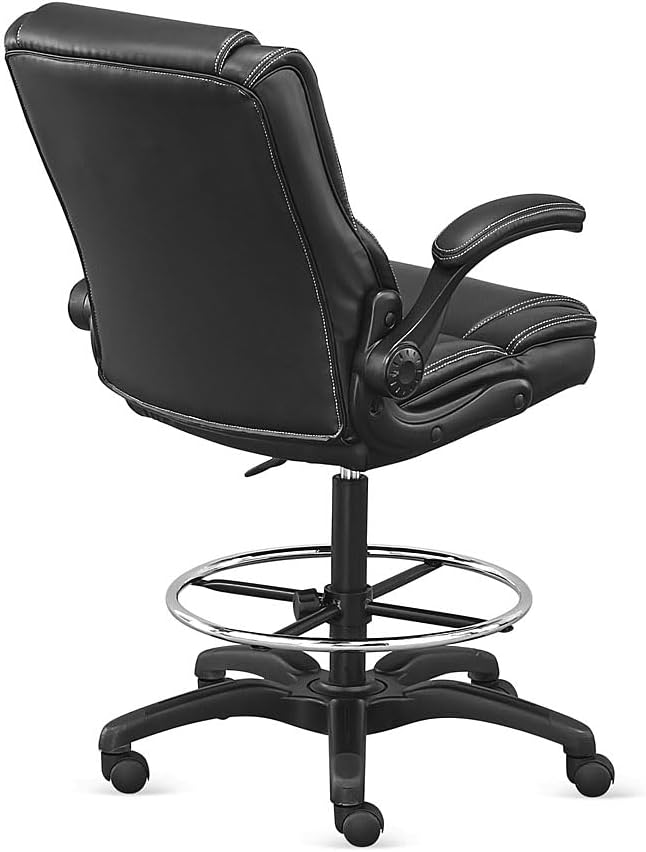 Omega 24/7 Big & Tall Adjustable Stool with Flip Arms in Black Faux Leather, Featuring a Comfortable Foam Seat and Ergonomic Design for Office Use
