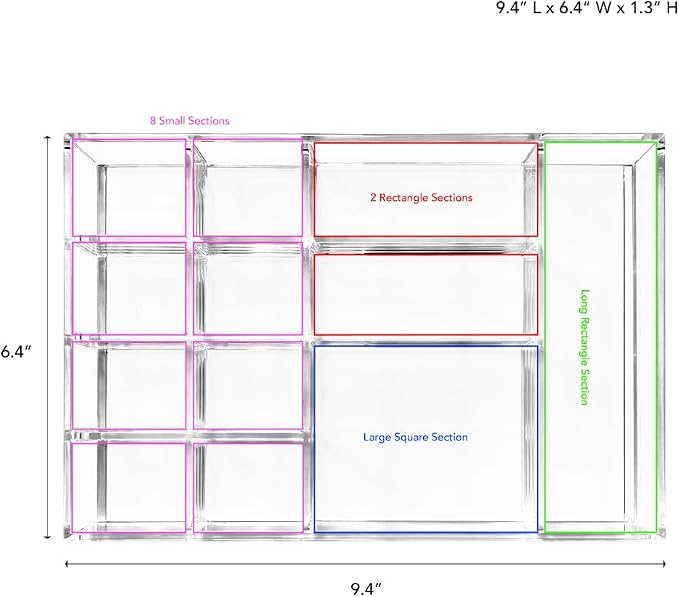 Isaac Jacobs 12-Compartment Clear Acrylic Drawer Organizer - 9.4"x6.4"x1.3" | Drawer Organizer (9.4" L x 6.4" W x 1.3" H), Multi-Sectional Storage Solution for Makeup, Office Supplies, Bathroom, Kitchen