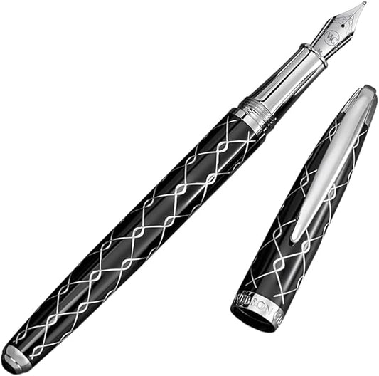 ‘The Weaver’ Black Luxury Executive Fountain Pen, Polished Lacquer and Chrome, Stainless Steel Nib, Easy Refill Ink Piston Converter, Smudge Free, No Bleed, Fits Our Instant Insert Ink Cartridges