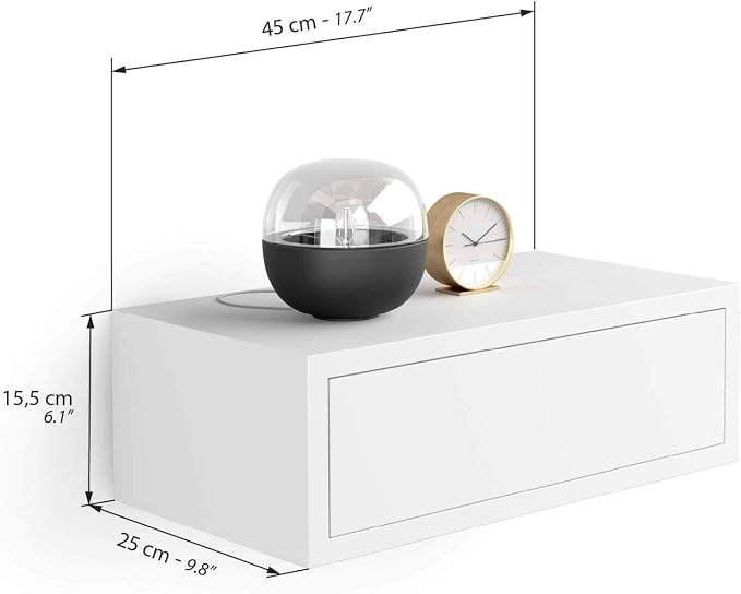 Mobili Fiver, Riccardo Floating nightstand, Matt White, 17.7" x 9.8" x 6.1 ", Melamine-Finished, Modern Bedside Table, End Table, Italian Furniture