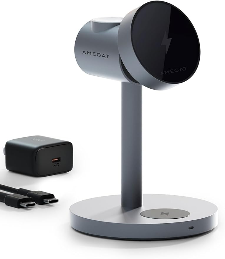 MagFusion 3-in-1 Charging Station Compatible with MagSafe, Qi2 Certified 15W Magnetic Wireless Charger Stand, for iPhone 17/16/15/14/13/12 Series, Apple Watch, AirPods(30W PD Charger Included)
