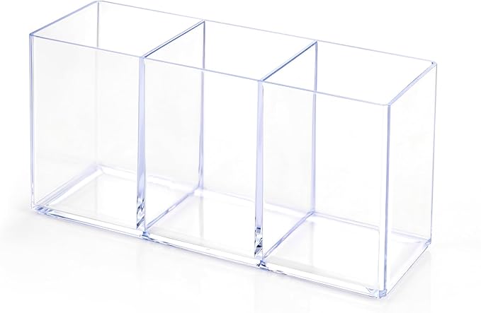 1 Pcs Acrylic Pen Holder 3 Compartments Clear Desk Organizer | Desk Organizer, Multi-Use Pencil Cup, Makeup Brush Silverware Caddy, For Office Classroom Bathroom Countertop Storage