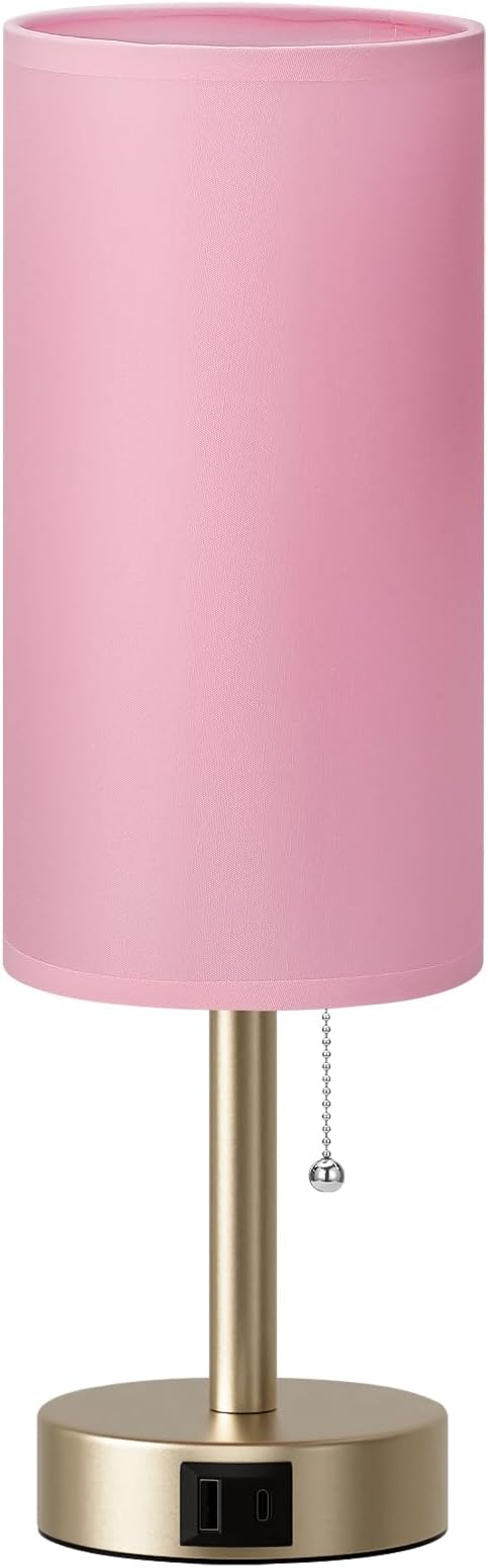 Dicoool Pink Bedside Table Lamp for Bedroom, Small Nightstand Lamp for Girls, 3 Color Temperatures & USB Charging Port, Cute Desk Lamp for Kids Teens Room Decor, Dorm Room Essentials
