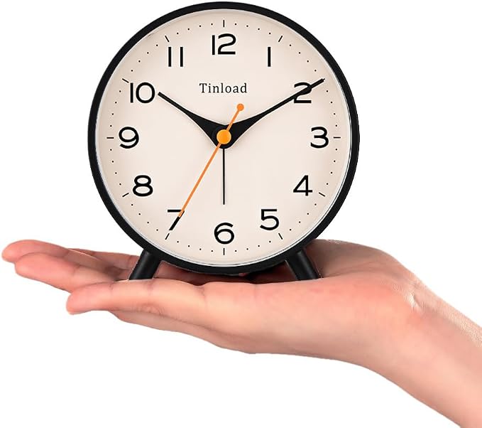 Tinload 4.5" Antique Retro Analog Alarm Clock, Small Silent Bedside Desk Clock,Lighted on Demand, Battery Operated, Snooze, for Living Room, Bedroom, Bedside(Black)