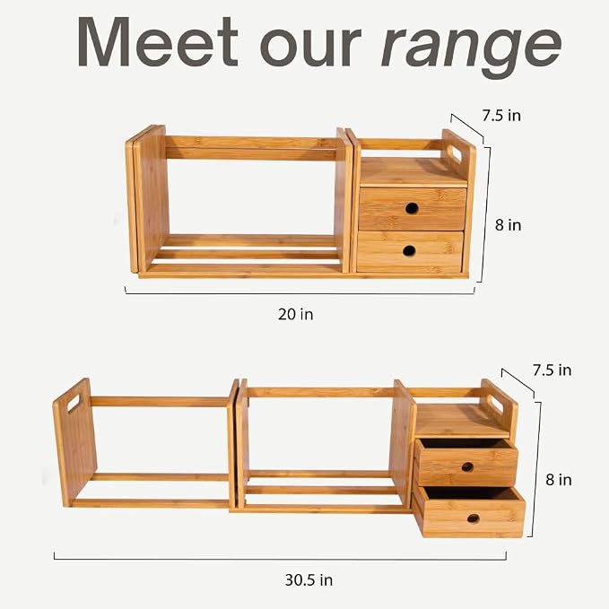 Desktop Bookshelf Expandable with Two Drawer Organizers Made of Bamboo, Collapsible Design & Compartments for Efficient, Clutter-Free Workspace Organization - Sleek Bookshelf