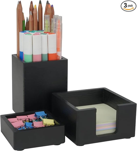 RAWILL 3 PCS Black Wooden Desk Organizer Set, Pine Wood Office Desk Accessories with Pen Holder, Paperclip Storage and Sticky Note Holder,Wood Grain Clear, Ideal Gift for Office and Family