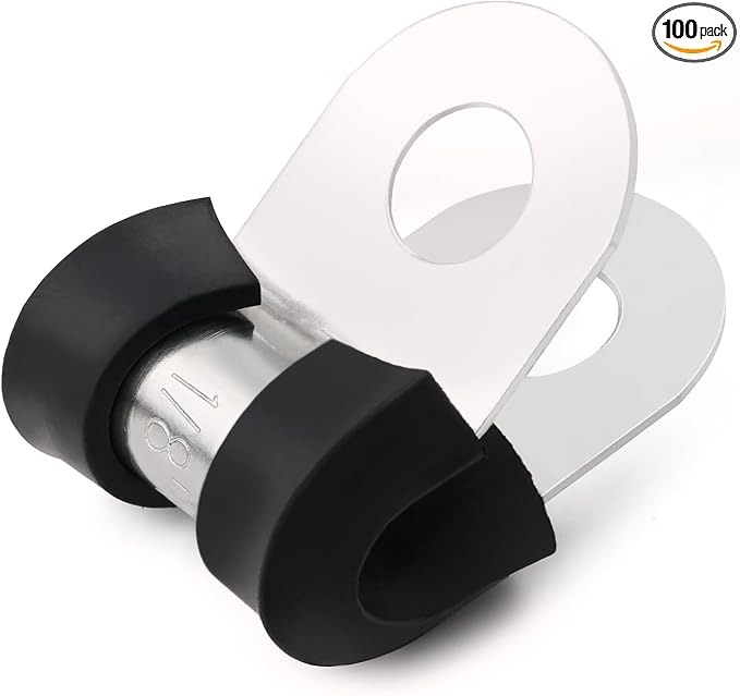 OURU 1/8 Inch Cable Clamps, Rubber Coated Insulated Clamps, 100pcs, 3mm | 304 Stainless Steel, Anti-Vibration, Rust Resistant, Secure Hold, Automotive Wire, Pipe & Tube Mounting, Cable Management